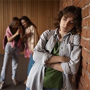 imagem com uma adolescente encostada em um muro de tijolos com ar de depressão, com duas outras adolescentes conversando ao fundo