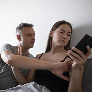 imagem de um casal, na cama, com o homem tentando ver o que a mulher olha no celular